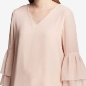 Calvin Klein peach V neck chiffon blouse‎ layered bell sleeves Sz XL